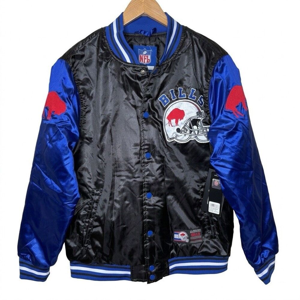 Buffalo Bills Satin Bomber Jacket Mens Small Blue Black NWT NFL Football